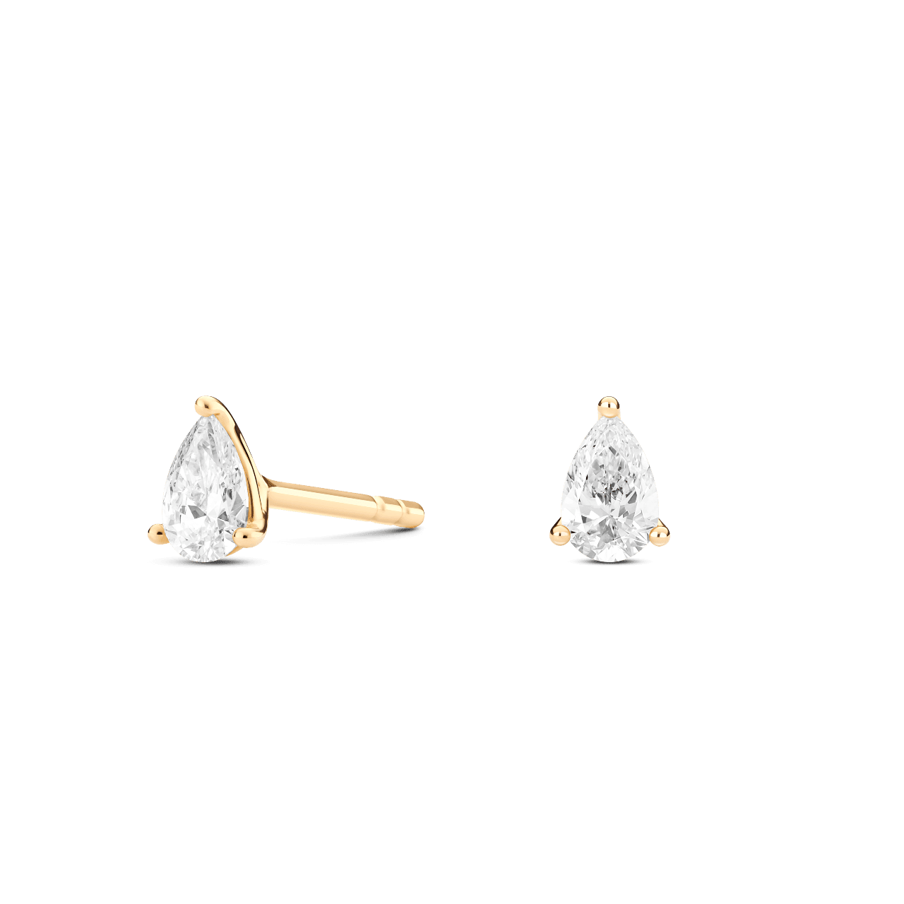 Side view of yellow gold, 0.25 carat total weight pear cut mini studs