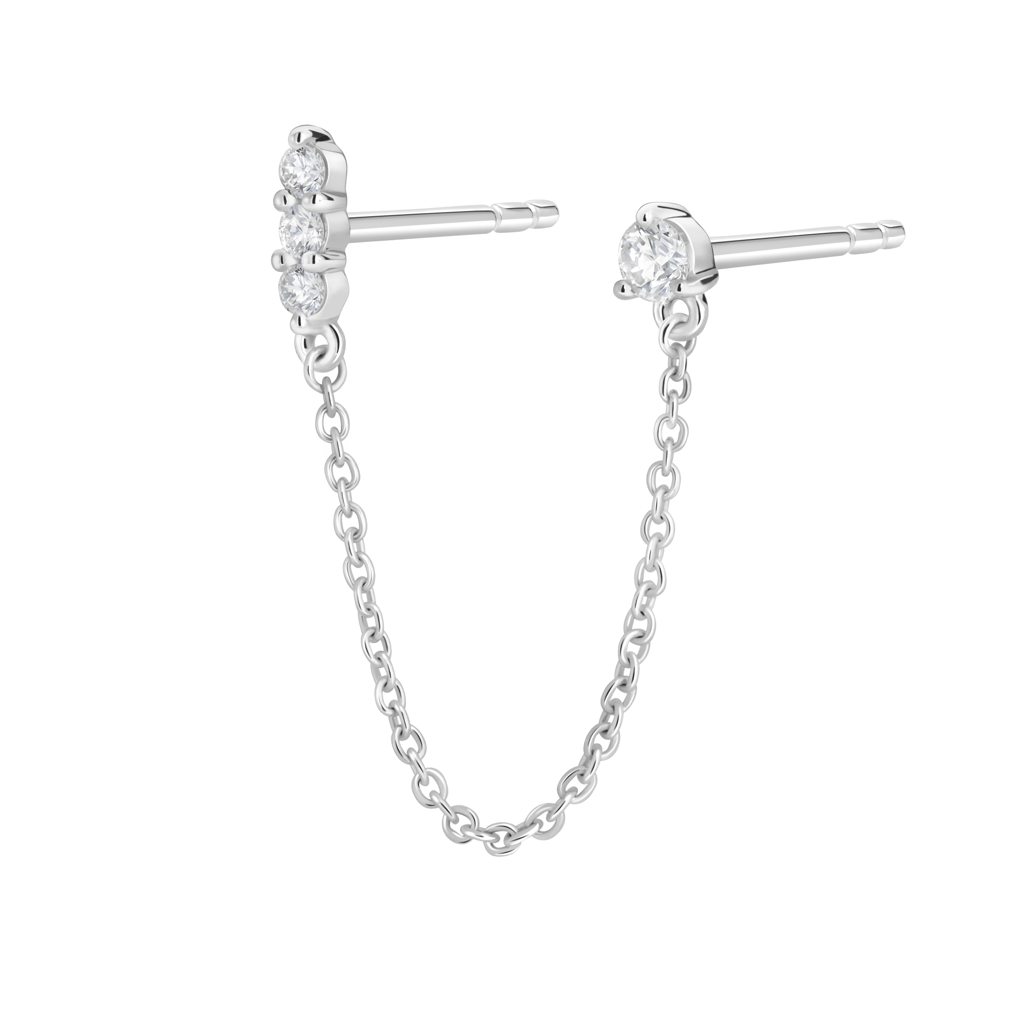 Side view of the mini double stud chain earring in white gold