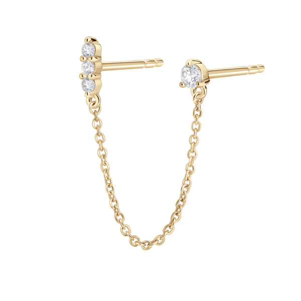 Side view of the mini double stud chain earring in yellow gold