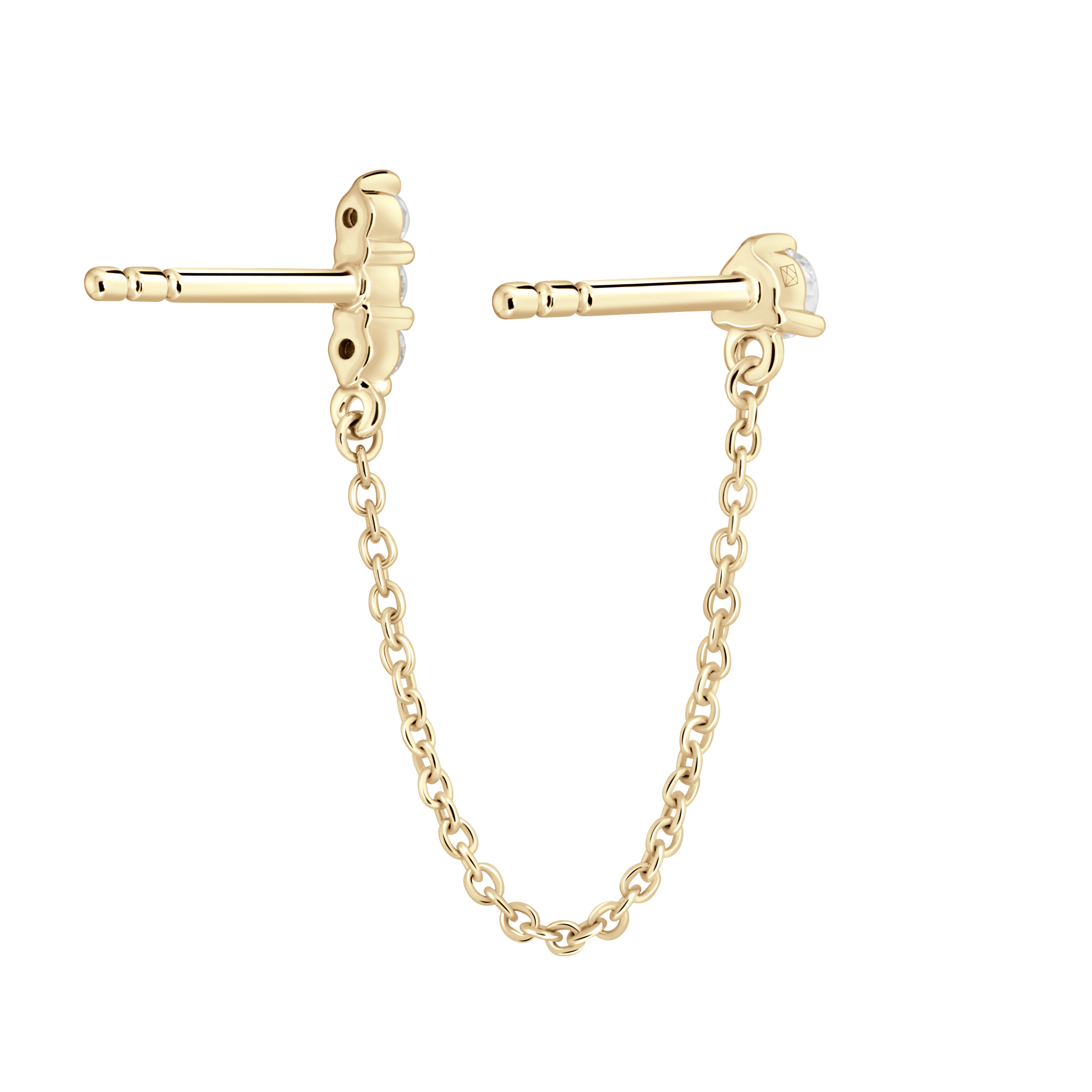 Back view of the mini double stud chain earring in yellow gold