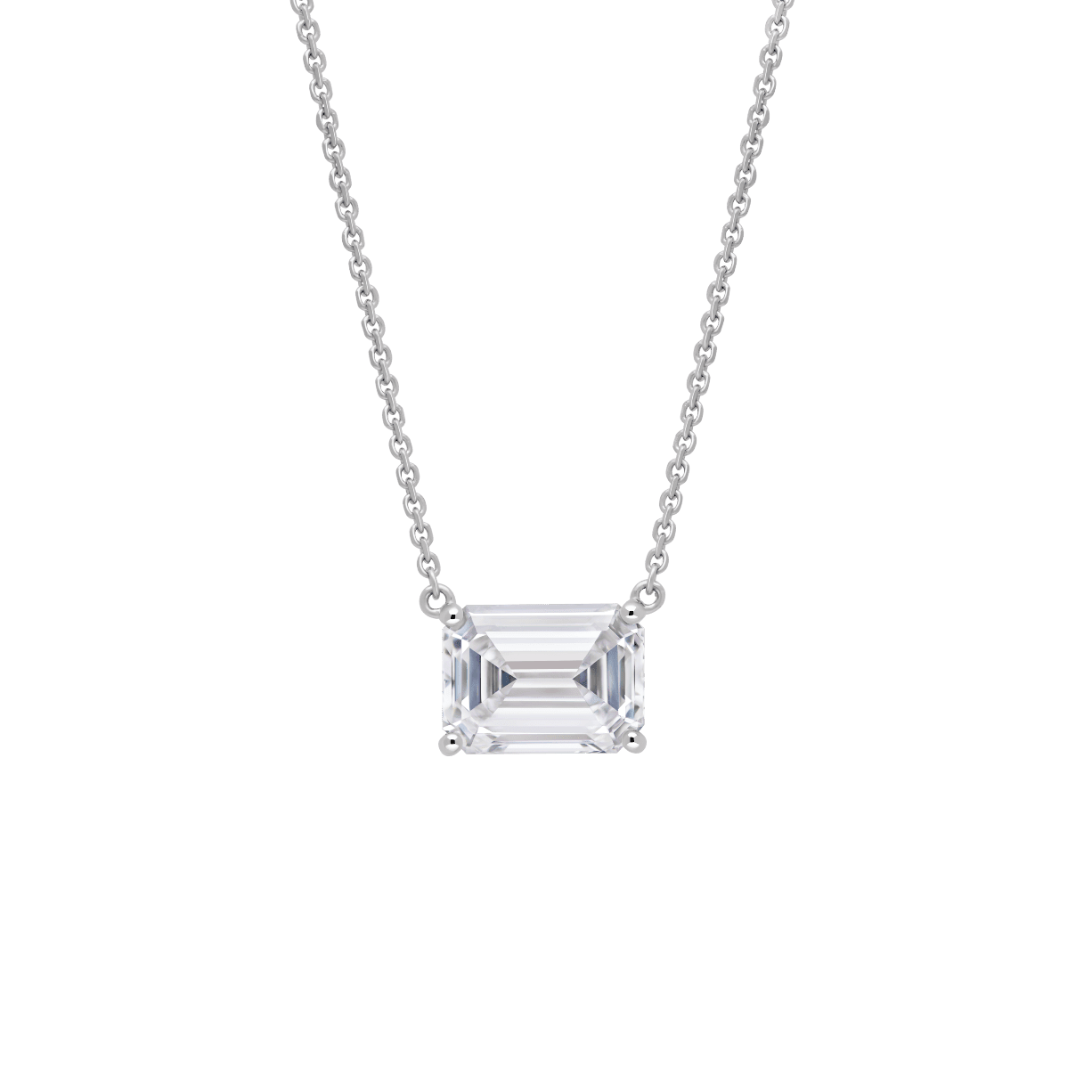 Front view of a 2 carat emerald cut pendant in white gold