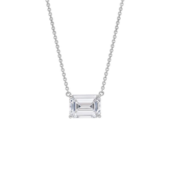 Front view of a 2 carat emerald cut pendant in white gold