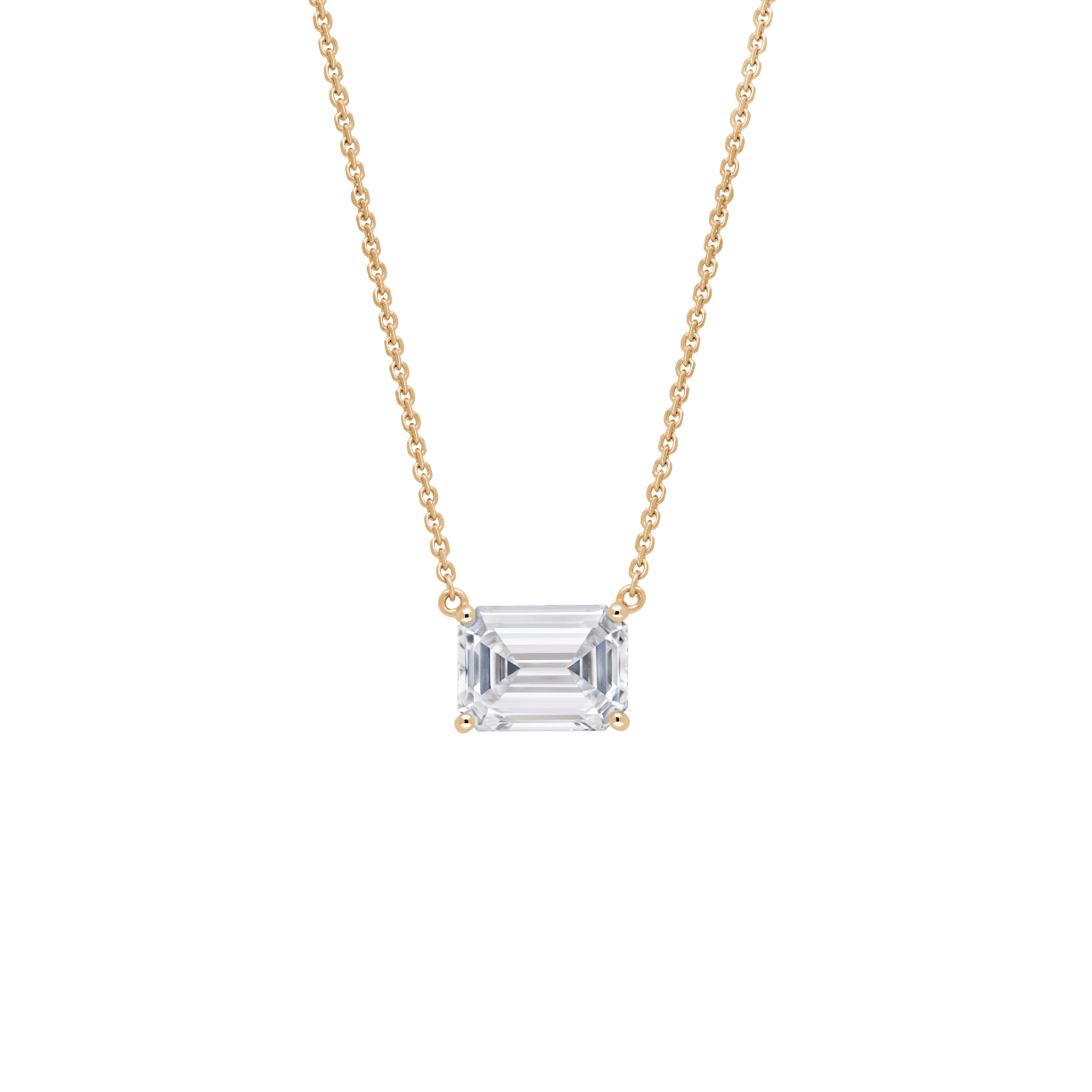 Front view of a 1 carat emerald cut solitaire pendant in yellow gold