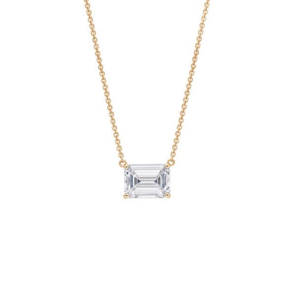 Front view of a 1 carat emerald cut solitaire pendant in yellow gold