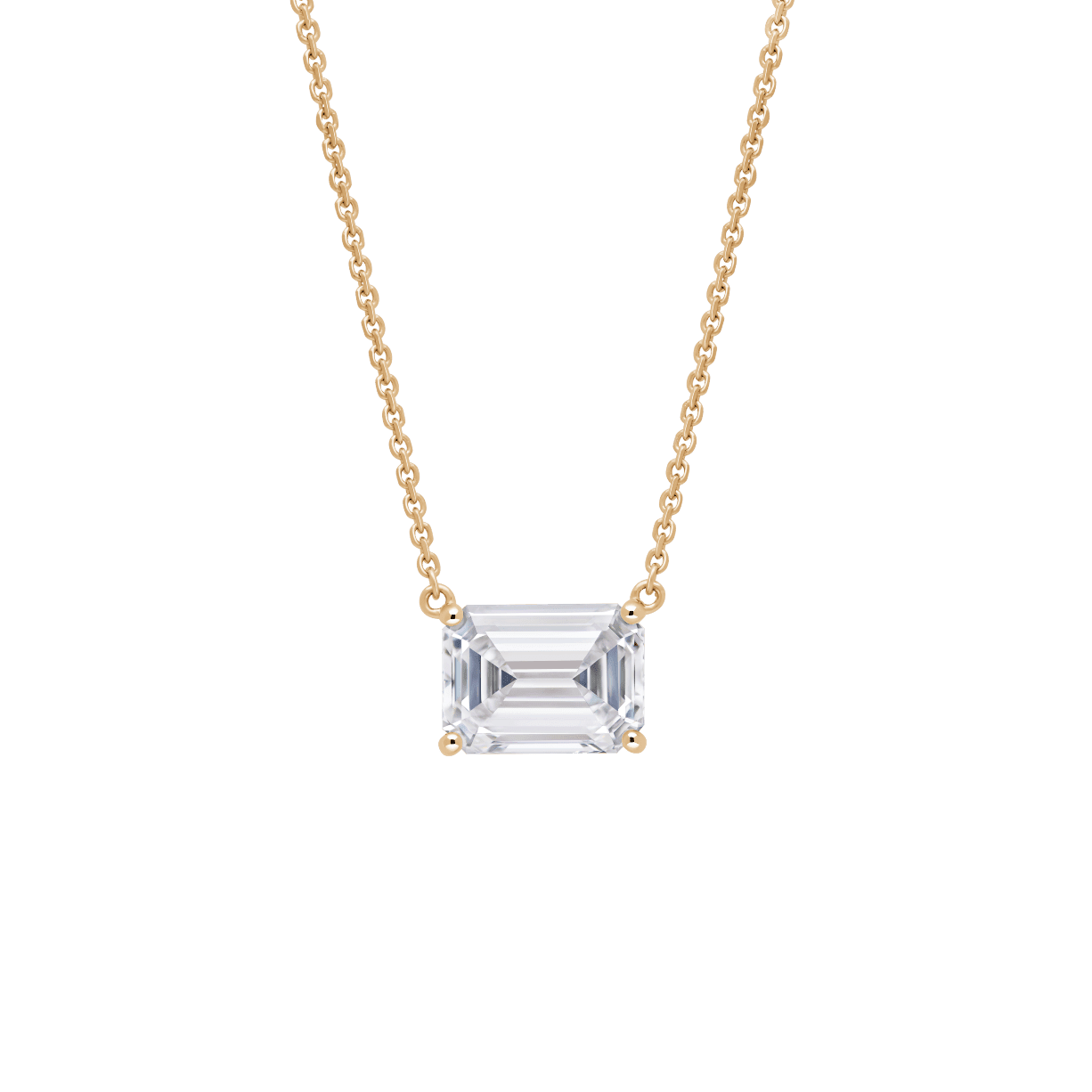 Front view of a 2 carat emerald cut pendant in yellow gold