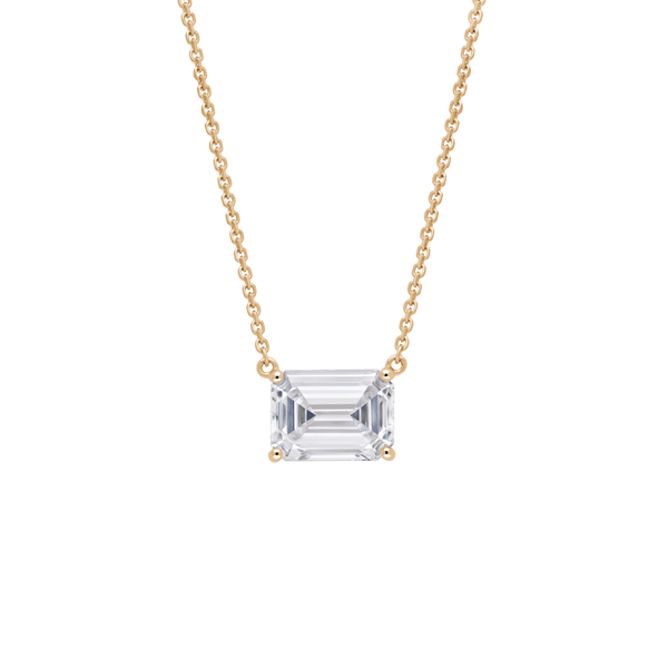 Front view of a 2 carat emerald cut pendant in yellow gold