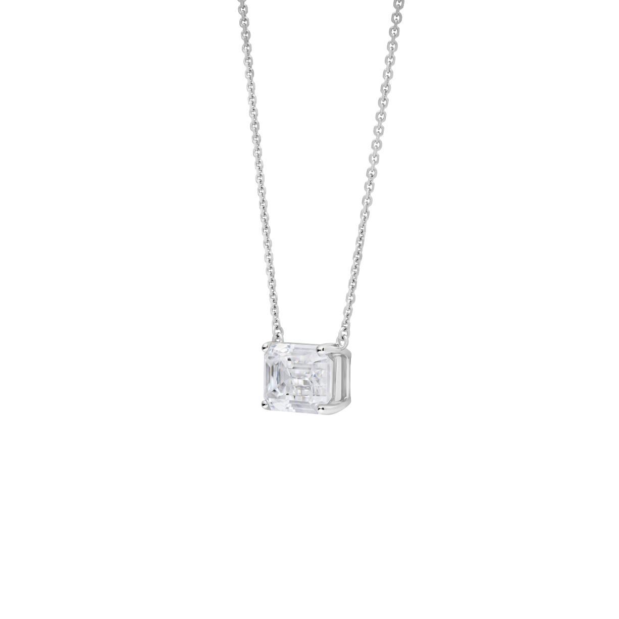 Side view of a 1 carat emerald cut pendant in white gold