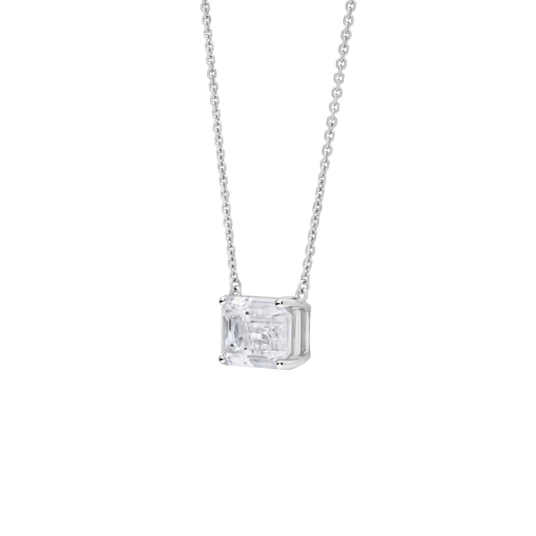 Side view of a 2 carat emerald cut pendant in white gold