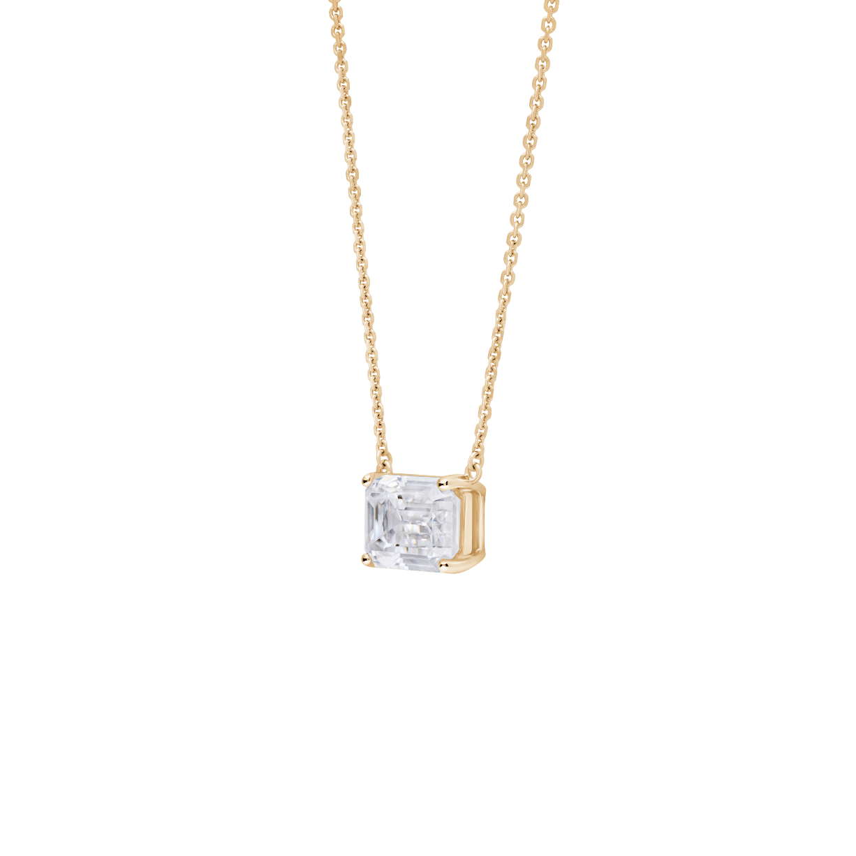 Side view of a 1 carat emerald cut solitaire pendant in yellow gold