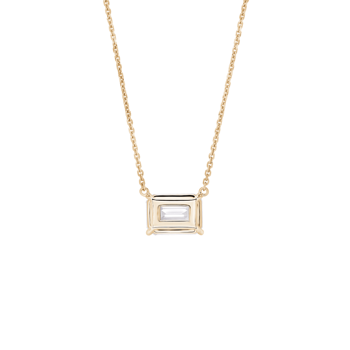 Back view of a 1 carat emerald cut solitaire pendant in yellow gold