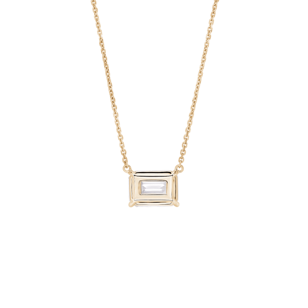 Back view of a 1 carat emerald cut solitaire pendant in yellow gold