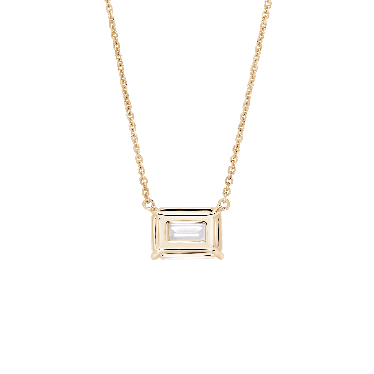 Back view of a 2 carat emerald cut pendant in yellow gold