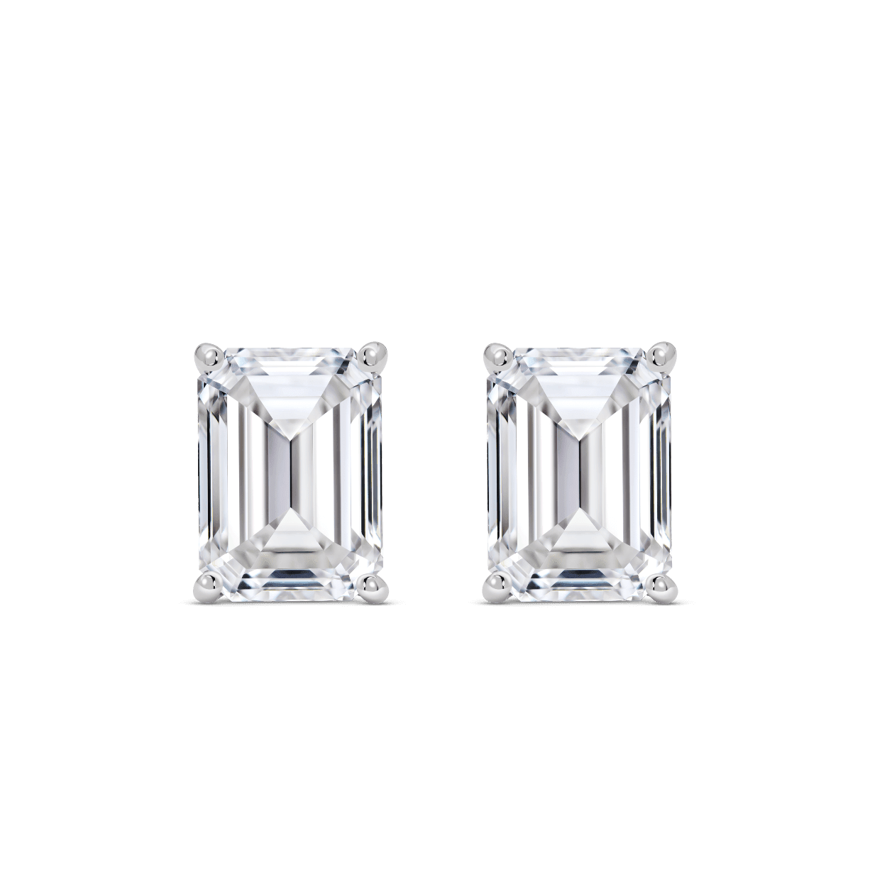 Front view of 2 carat total weight, emerald cut solitaire studs in white gold