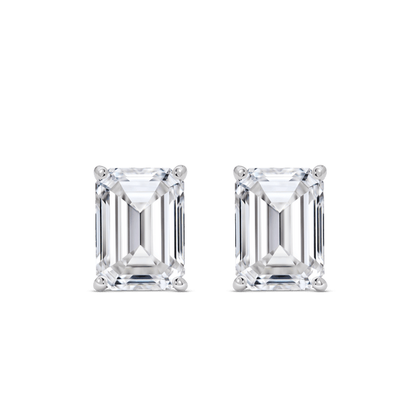 Front view of 2 carat total weight, emerald cut solitaire studs in white gold