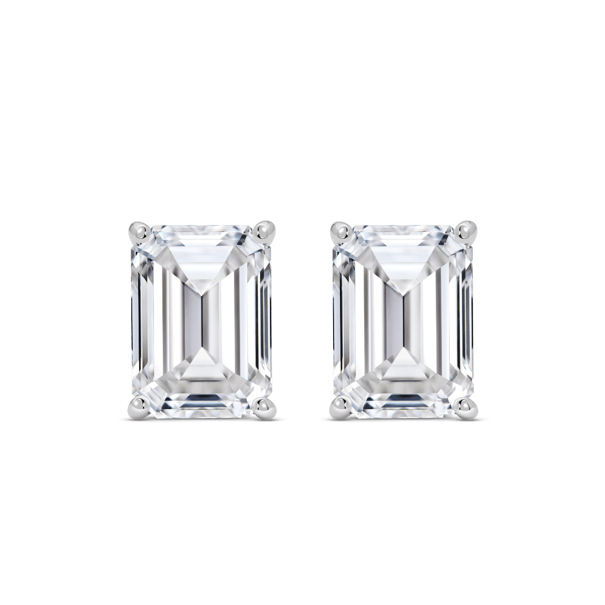 Front view of 4 carat total weight, emerald cut solitaire studs in white gold