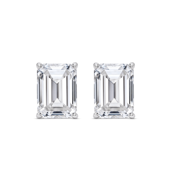 Front view of 4 carat total weight, emerald cut solitaire studs in white gold