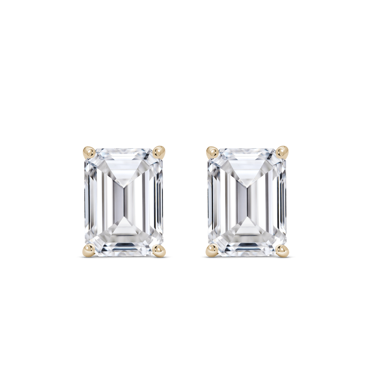 Front view of 2 carat total weight, emerald cut solitaire studs in yellow gold