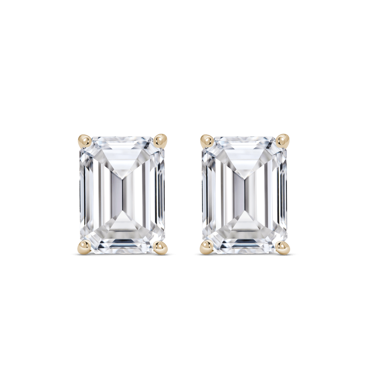 Front view of 4 carat total weight, emerald cut solitaire studs in yellow gold