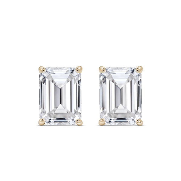 Front view of 4 carat total weight, emerald cut solitaire studs in yellow gold