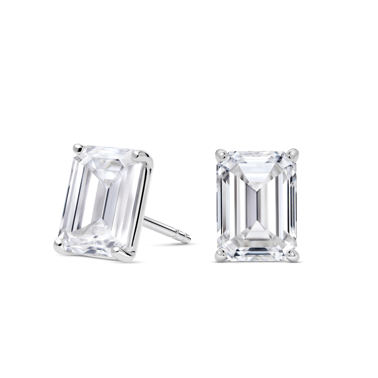 Side view of 2 carat total weight, emerald cut solitaire studs in white gold