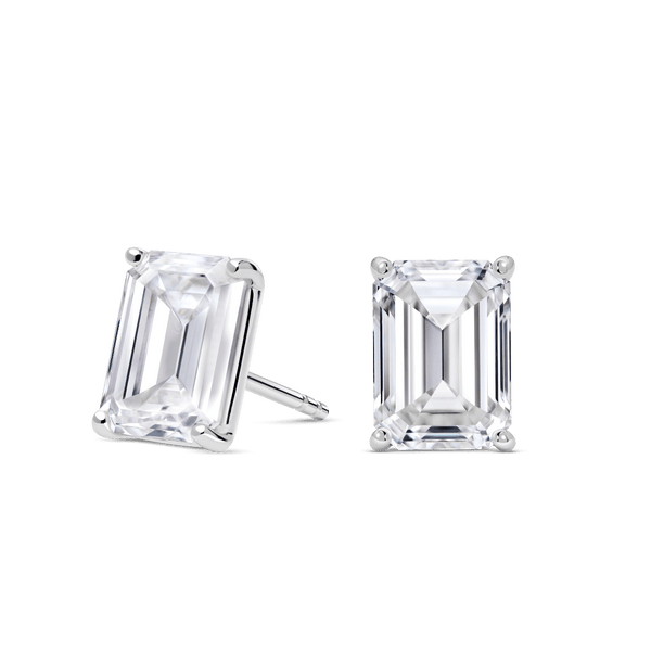 Side view of 2 carat total weight, emerald cut solitaire studs in white gold