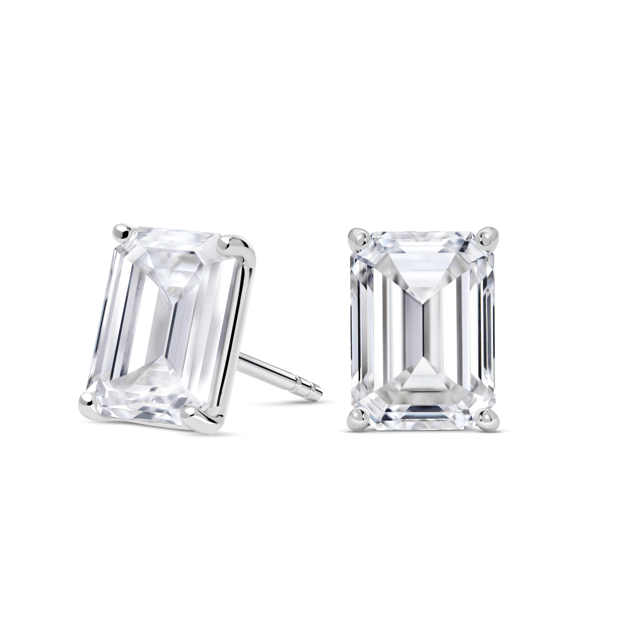 Side view of 4 carat total weight, emerald cut solitaire studs in white gold