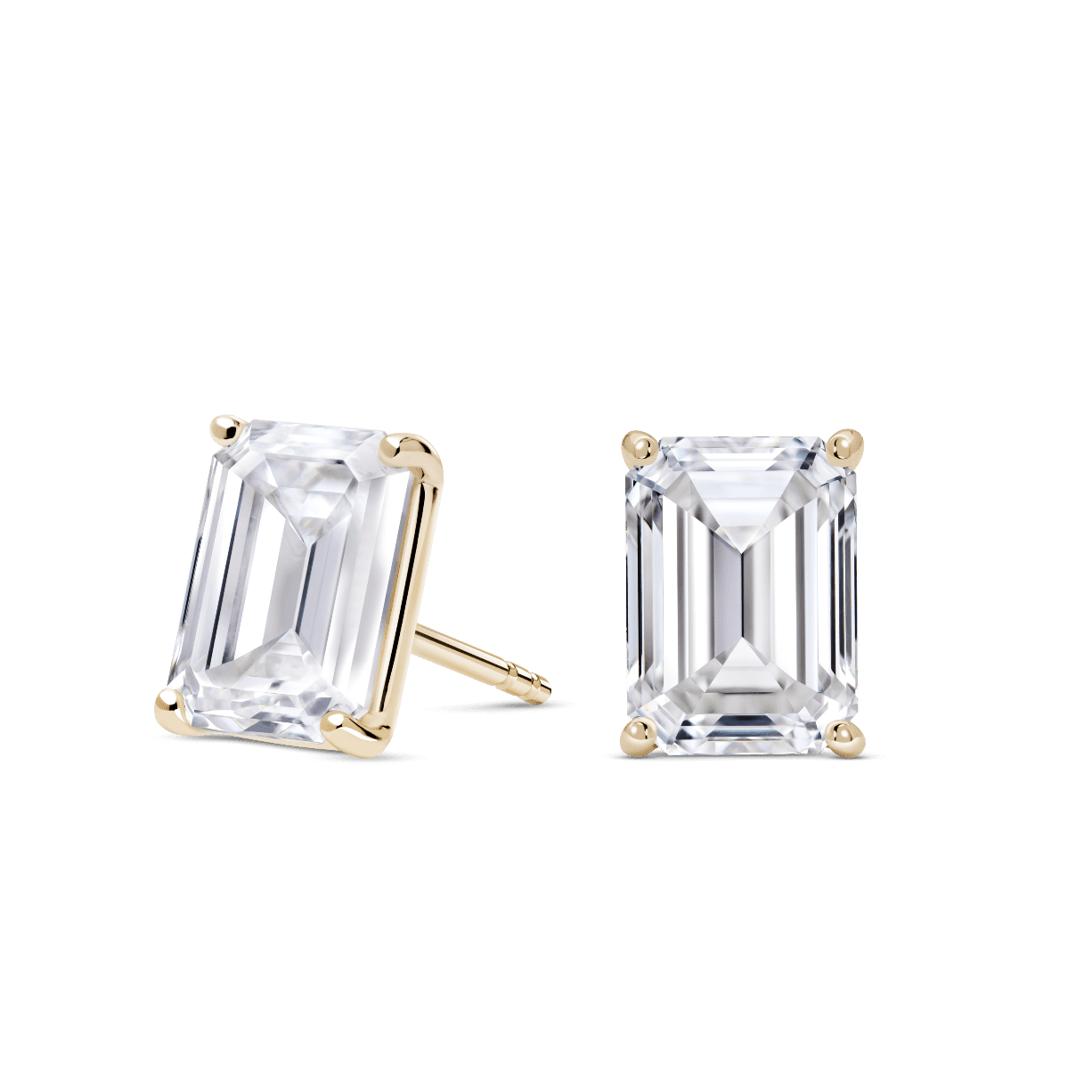 Side view of 2 carat total weight, emerald cut solitaire studs in yellow gold