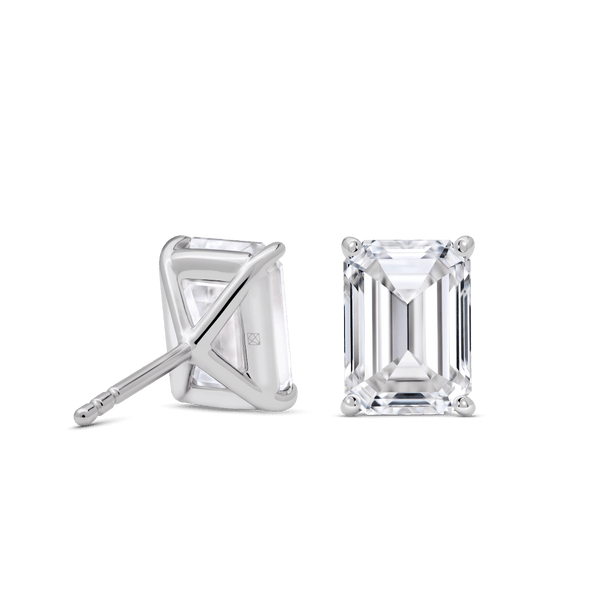 Back view of 2 carat total weight, emerald cut solitaire studs in white gold