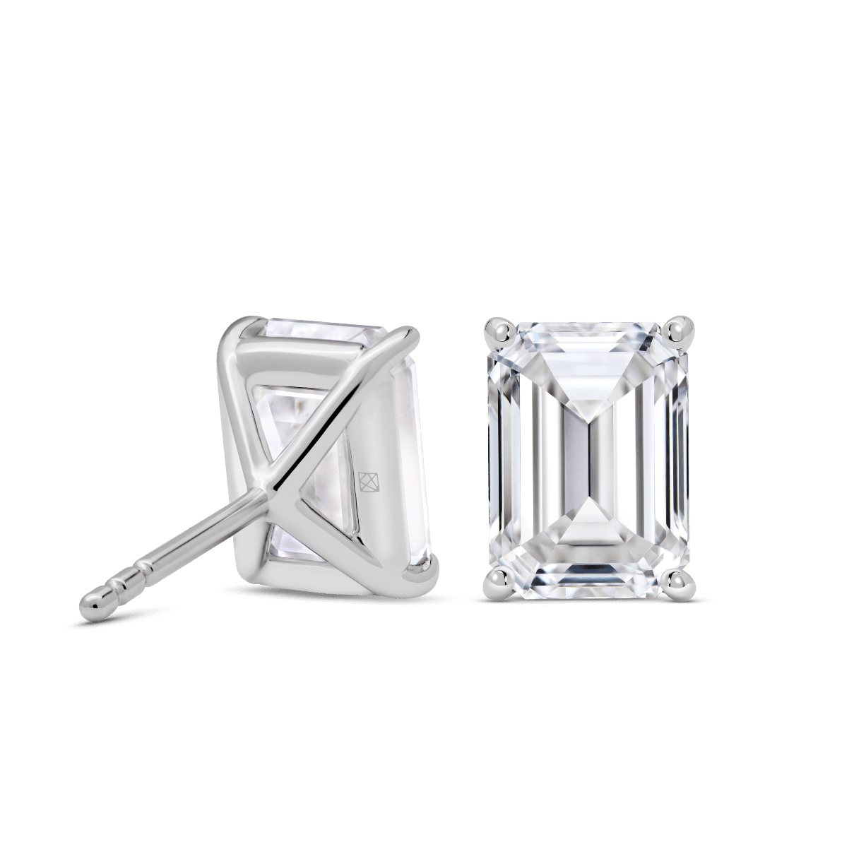 Back view of 4 carat total weight, emerald cut solitaire studs in white gold