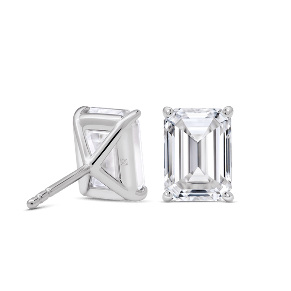 Back view of 4 carat total weight, emerald cut solitaire studs in white gold