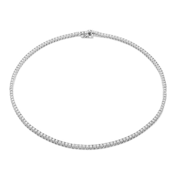 Front view of white gold, mini tennis necklace