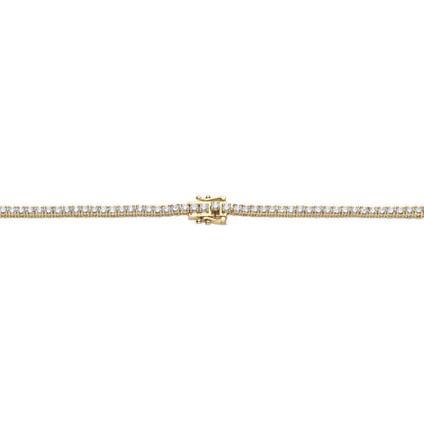 Closed clasp shot of yellow gold, mini tennis bracelet