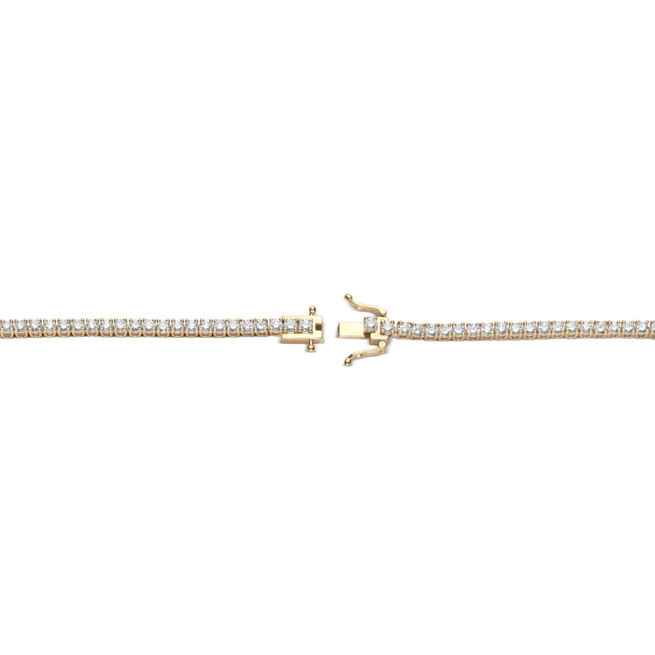 Open clasp shot of yellow gold, mini tennis bracelet