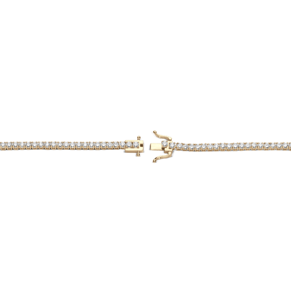 Open clasp shot of yellow gold, mini tennis bracelet