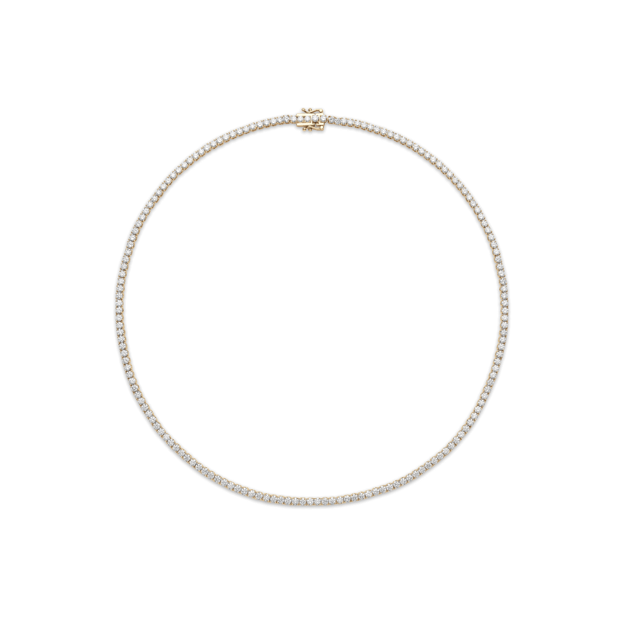 Overview of yellow gold, mini tennis necklace