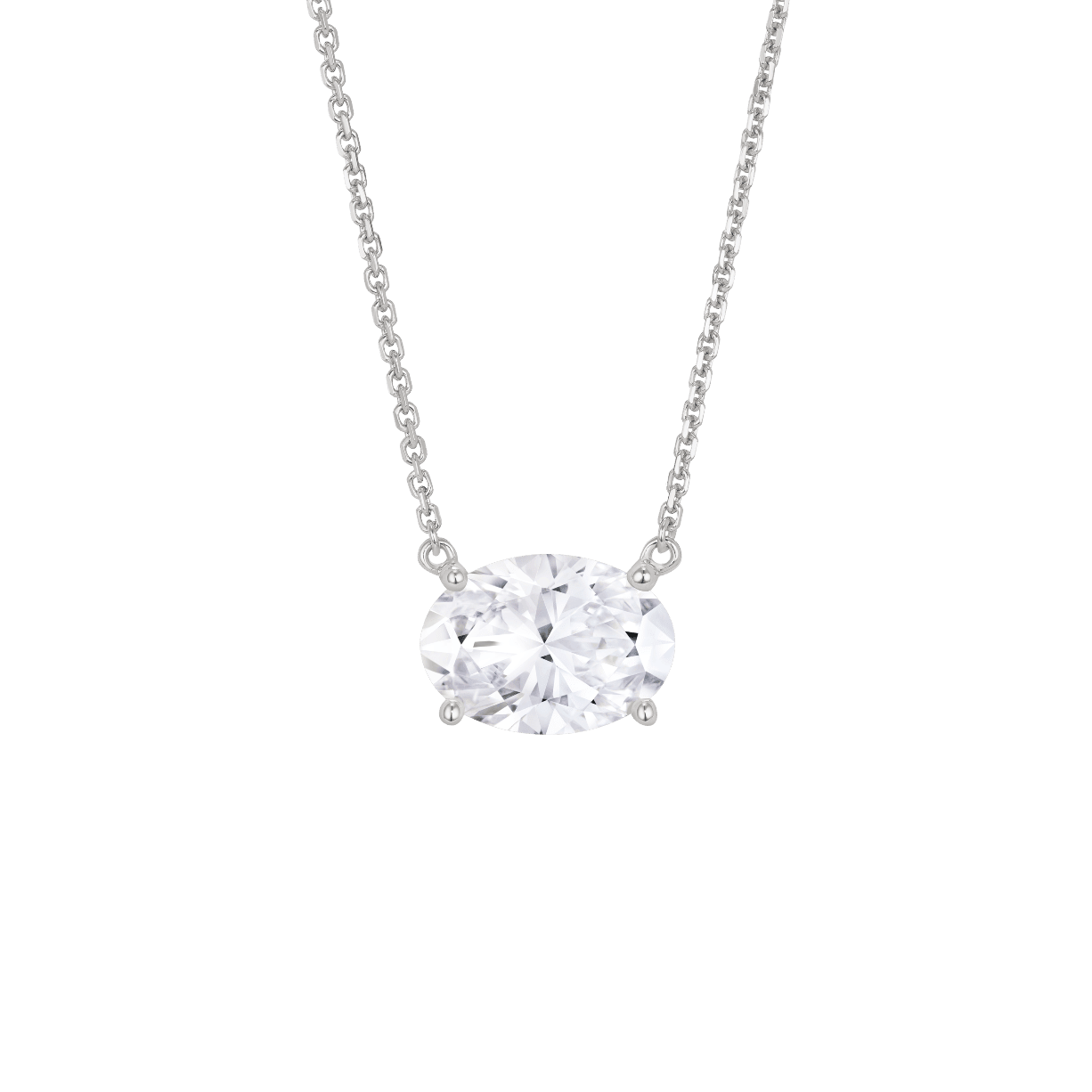 Front view of a 1.5 carat oval cut solitaire pendant in white gold