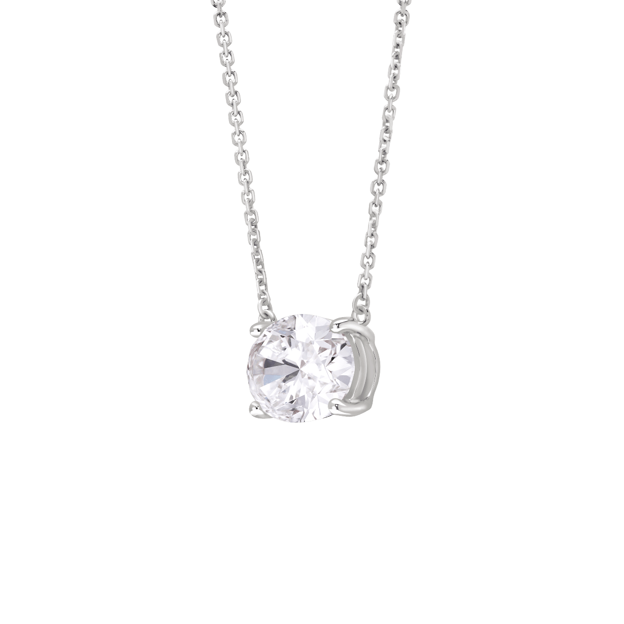 Side view of a 1.5 carat oval cut solitaire pendant in white gold