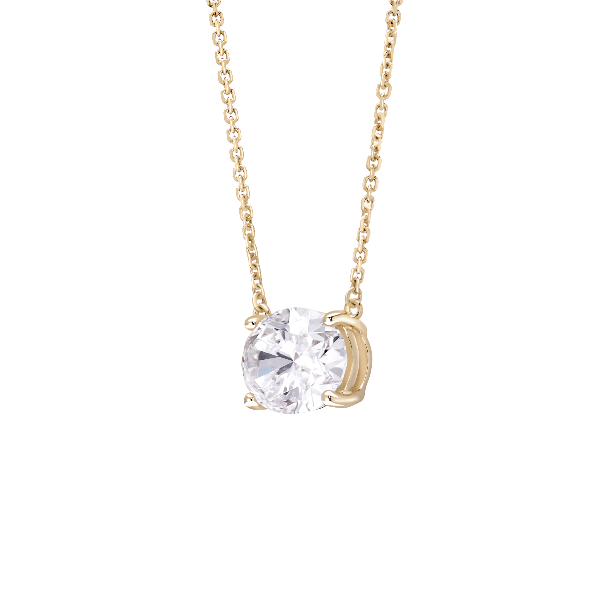 Side view of a 1.5 carat oval cut solitaire pendant in yellow gold