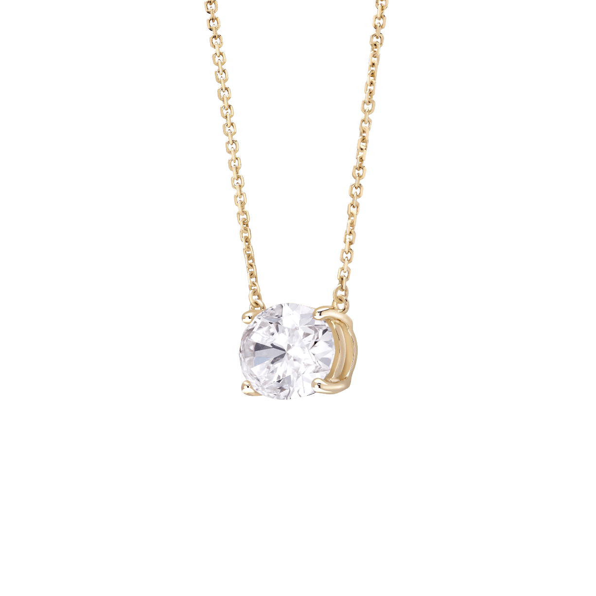 Side view of a 1 carat oval cut solitaire pendant in yellow gold