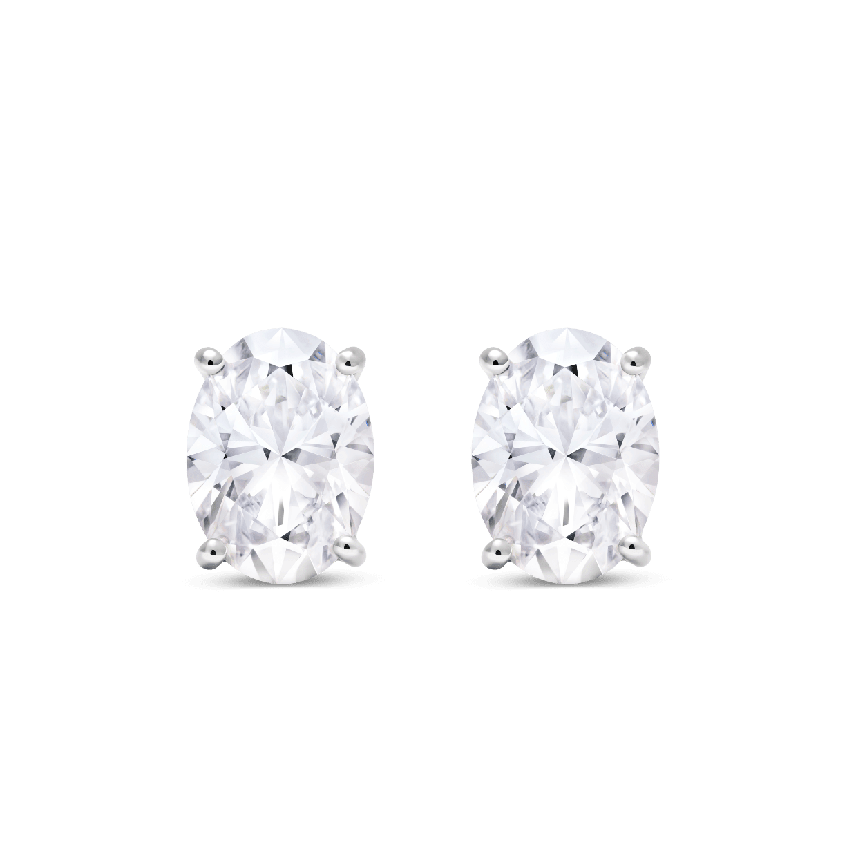 Front view of 2 carat total weight, oval cut solitaire studs in white gold