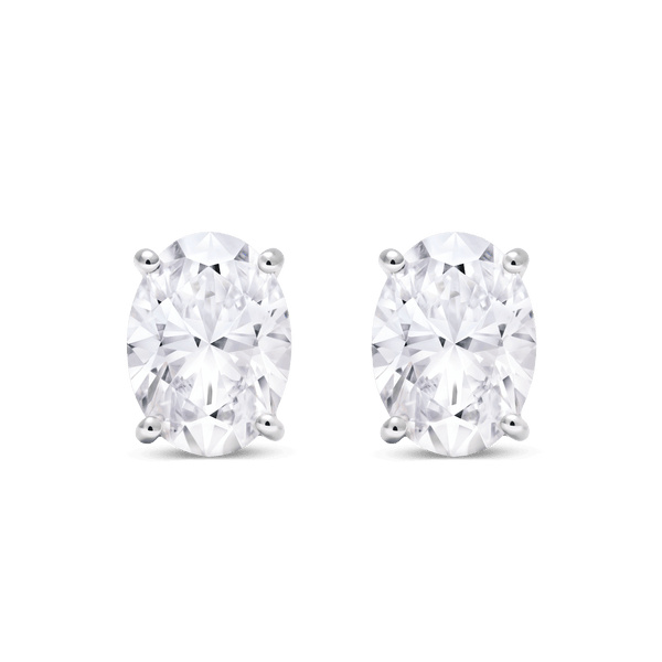 Front view of 3 carat total weight, oval cut solitaire studs in white gold