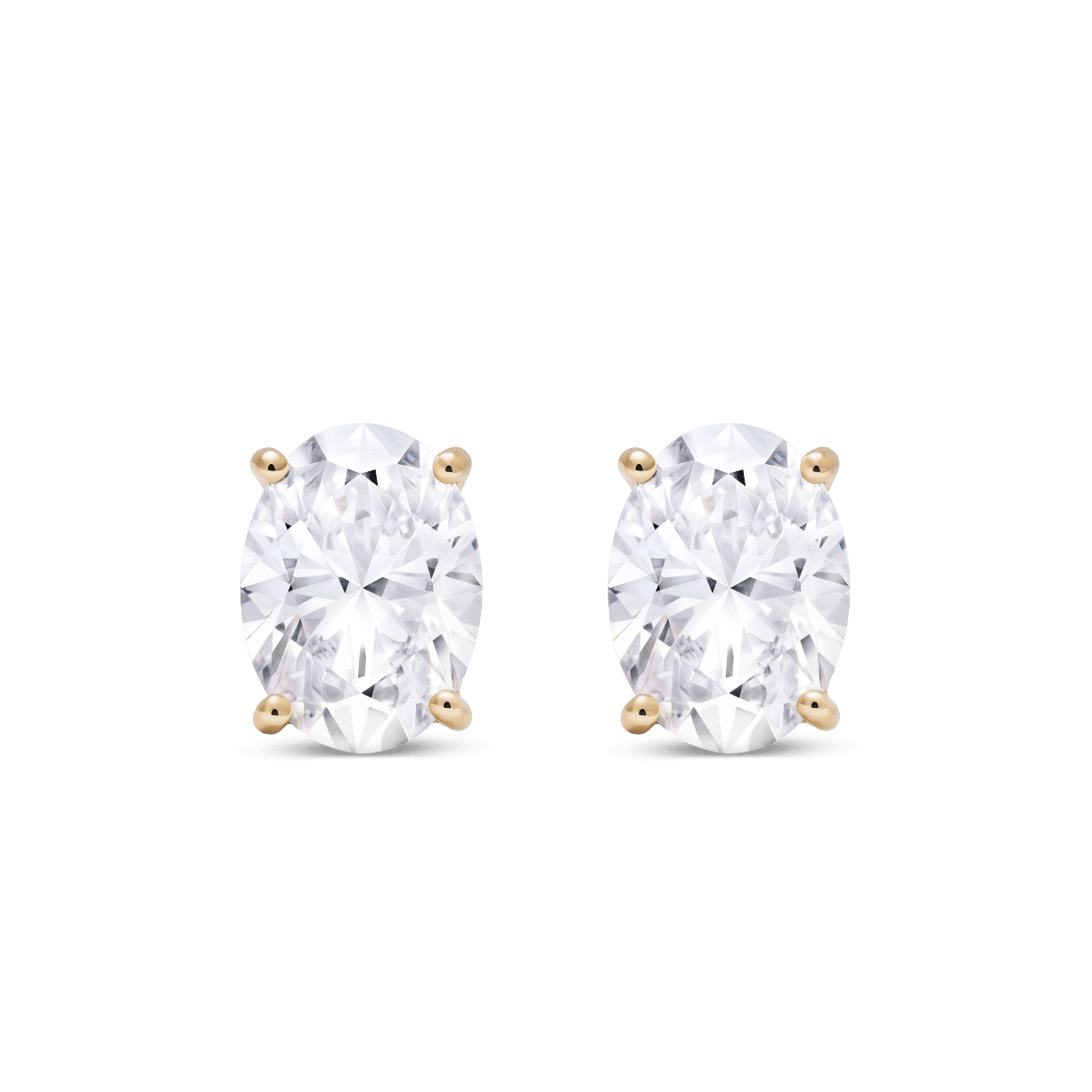 Front view of 2 carat total weight, oval cut solitaire studs in yellow gold