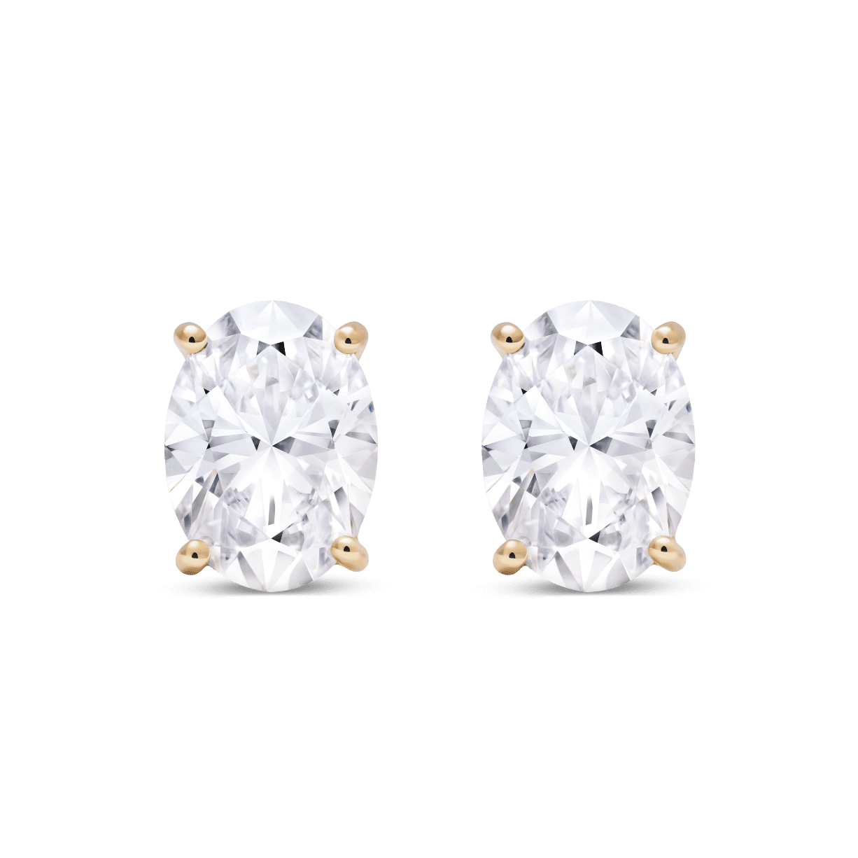 Front view of 3 carat total weight, oval cut solitaire studs in yellow gold