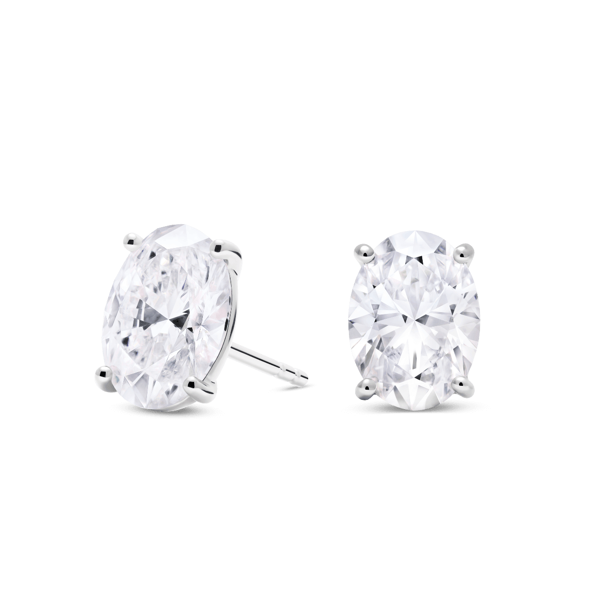 Side view of 2 carat total weight, oval cut solitaire studs in white gold