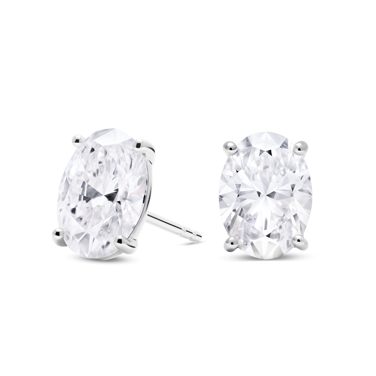 Side view of 3 carat total weight, oval cut solitaire studs in white gold