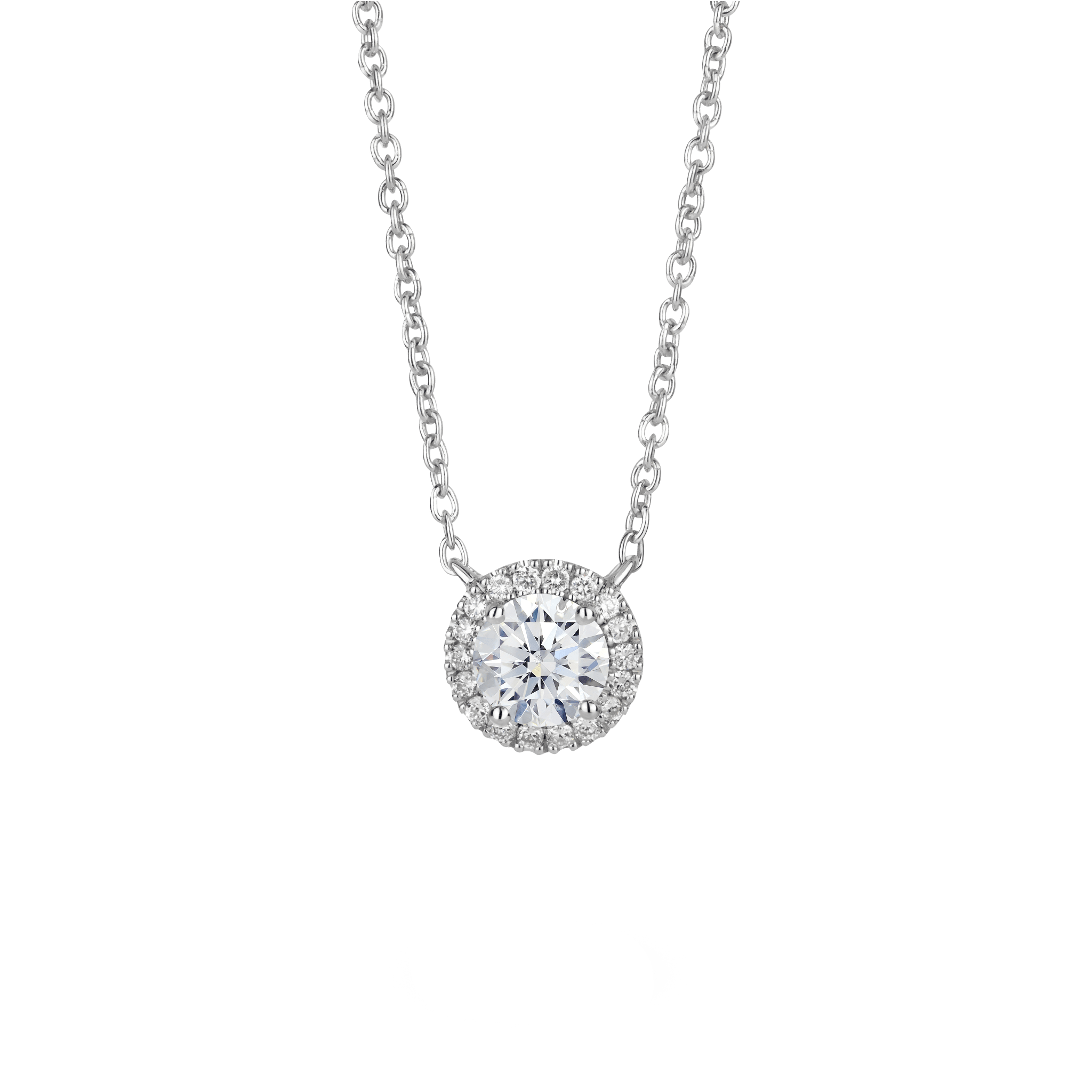 Front view of 1 carat total weight round brilliant halo pendant