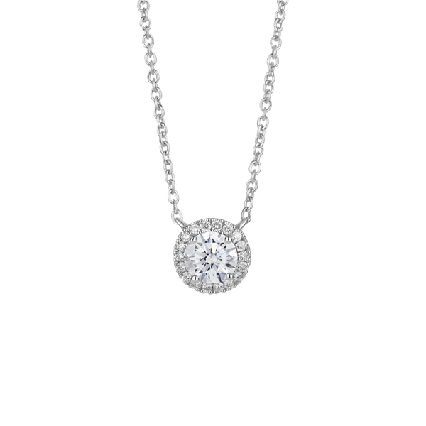 Front view of 1 carat total weight round brilliant halo pendant