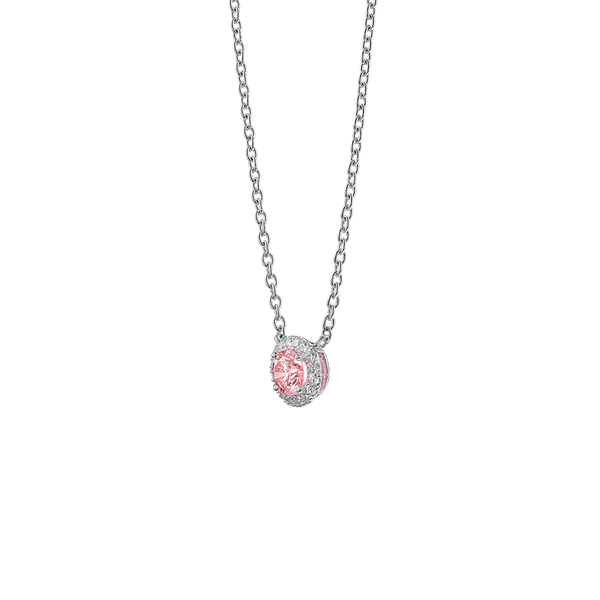 Side view of 0.5 carat pink halo pendant