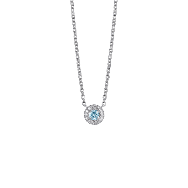 Front view of 0.25 carat blue halo pendant