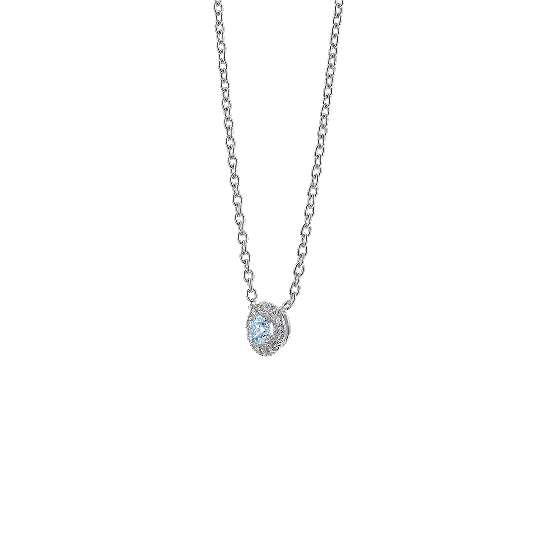 Side view of 0.25 carat blue halo pendant